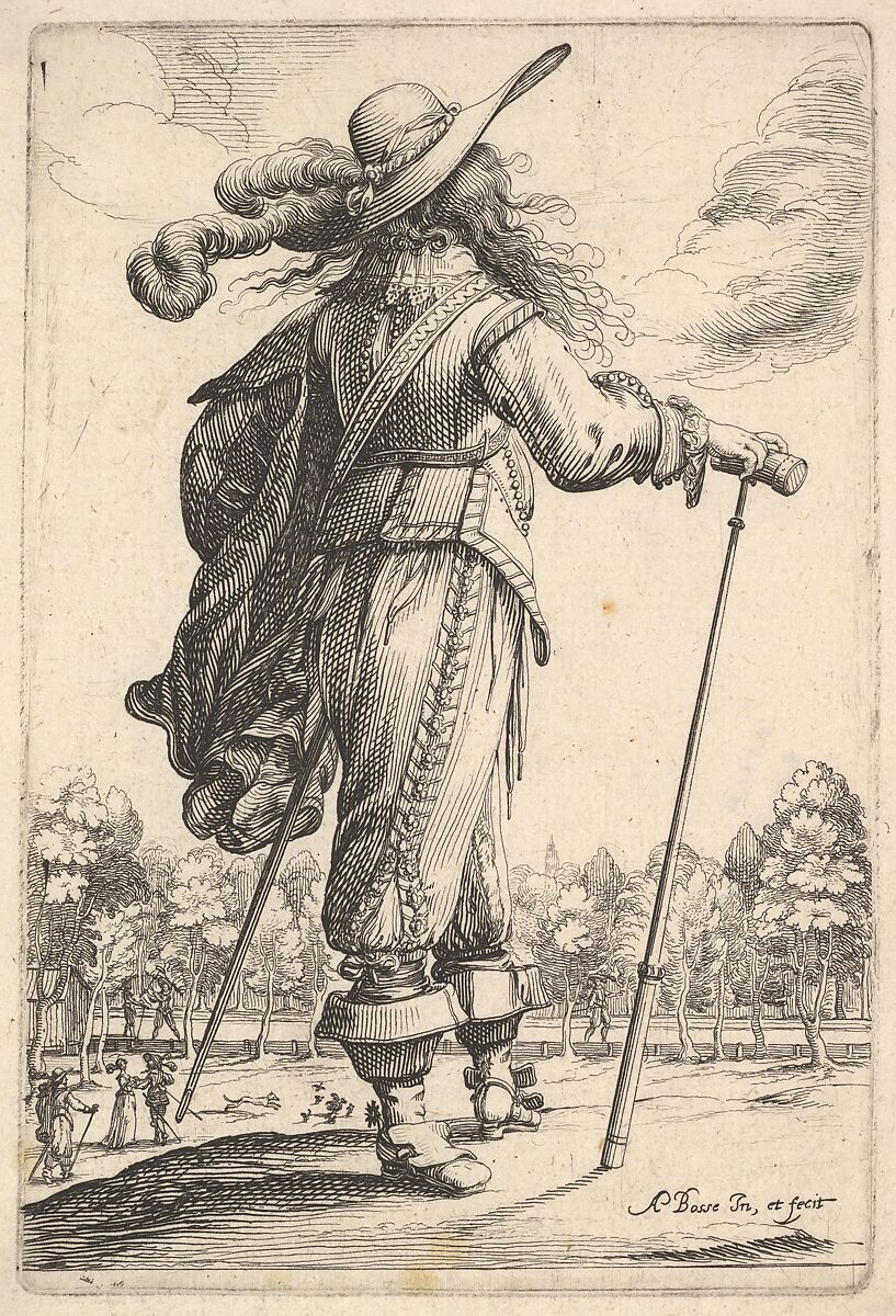 A gentleman, seen from behind, walking towards the right with a cane and wearing a plumed hat, from "The Garden of the French Nobles In Which One Can Pick Up Their Way of Dressing", Abraham Bosse (French, Tours 1602/04–1676 Paris), Etching; first state of two 