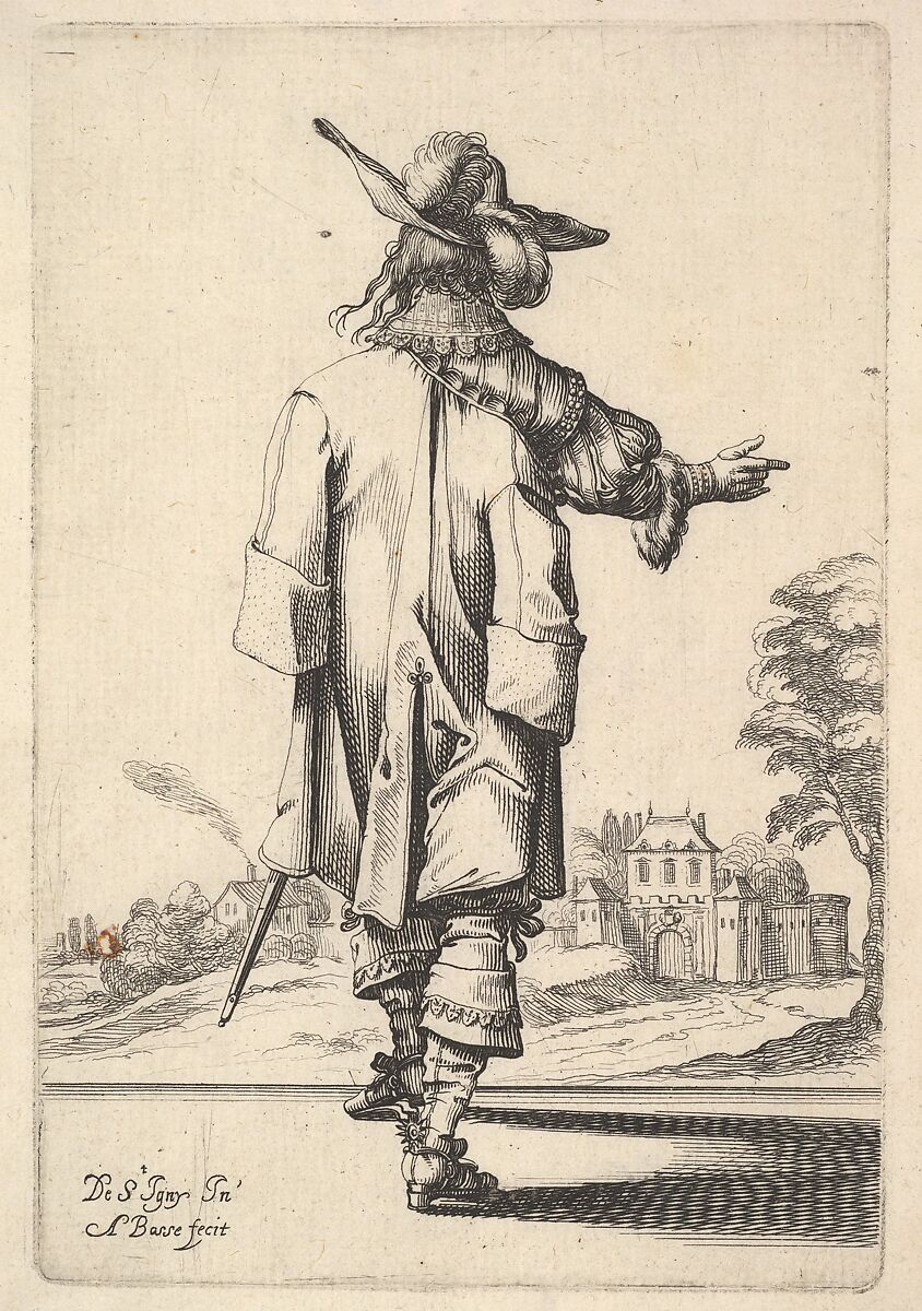 A gentleman, seen from behind, with his right arm outstretched and a cloak over his left shoulder, from "The Garden of the French Nobles In Which One Can Pick Up Their Way of Dressing", Abraham Bosse (French, Tours 1602/04–1676 Paris), Etching; first state of two 