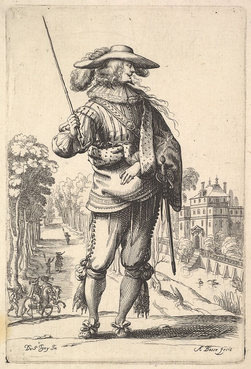 A gentleman with his head turned towards the right in profile, wearing a plumed hat and a cloak with the cross of the Order of the Holy Spirit, holding a whip in his right hand and his left arm in a sling, from "La Jardin de la Noblesse Françoise dans lequel ce peut ceuillir leur maniere de Vettements", Abraham Bosse (French, Tours 1602/04–1676 Paris), Etching 