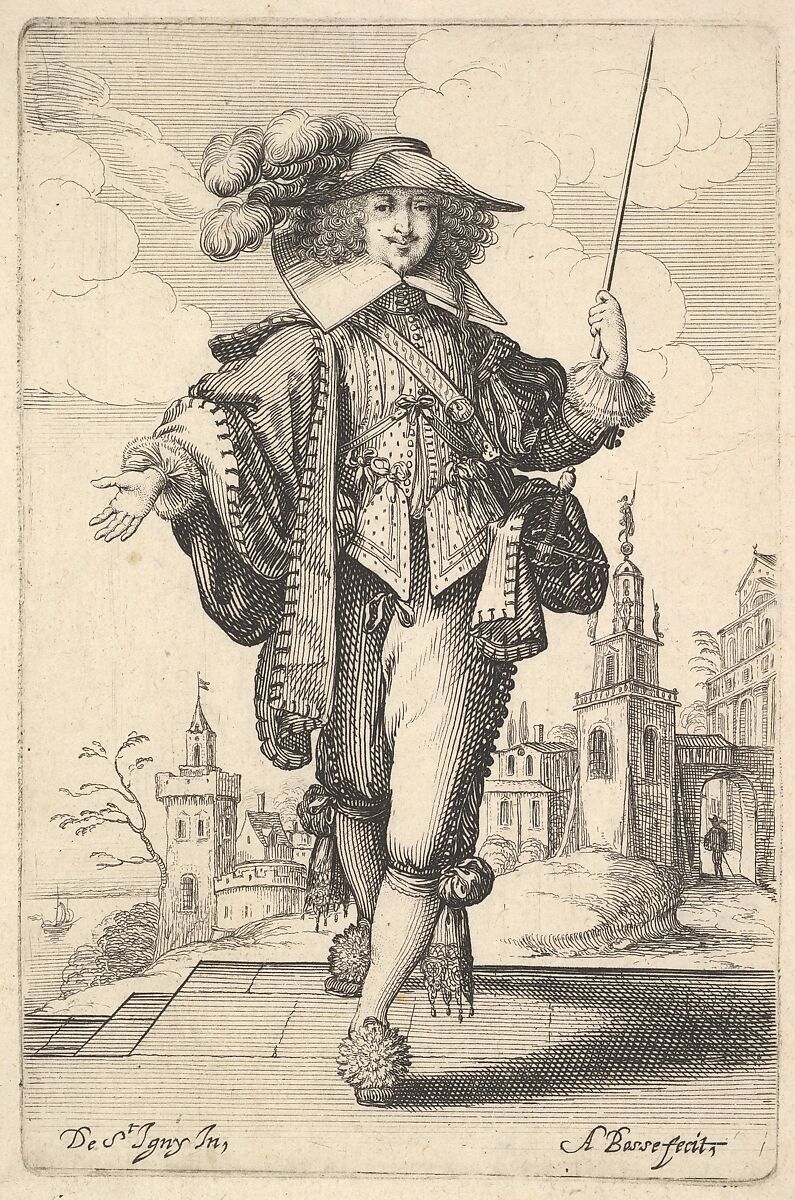 A gentleman walking forward, with his right arm outstretched and a whip in his left hand, wearing a plumed hat and decorated shoes, from "The Garden of the French Nobles In Which One Can Pick Up Their Way of Dressing", Abraham Bosse (French, Tours 1602/04–1676 Paris), Etching; first state of two 