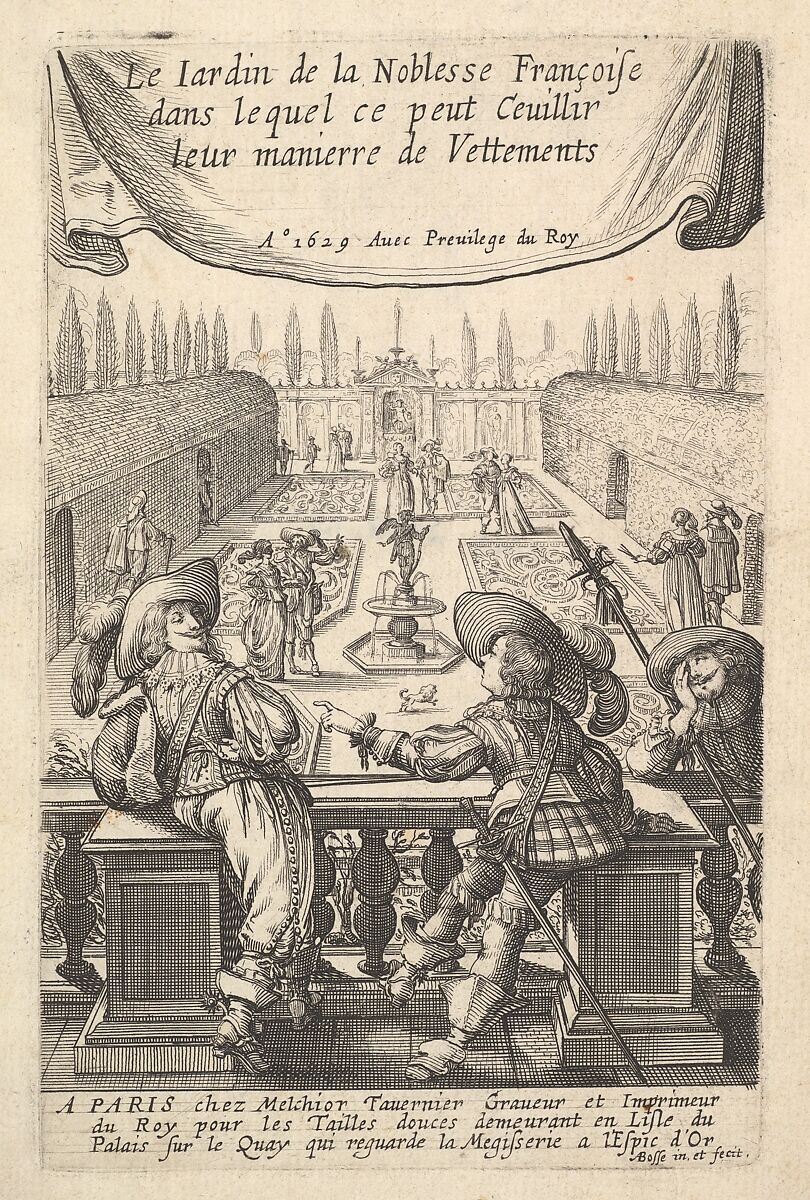 Three Gentlemen Leaning on a Banister Overlooking a Garden where Lovers Stroll, from "The Garden of the French Nobles In Which One Can Pick Up Their Way of Dressing", Abraham Bosse (French, Tours 1602/04–1676 Paris), Etching; first state of two 