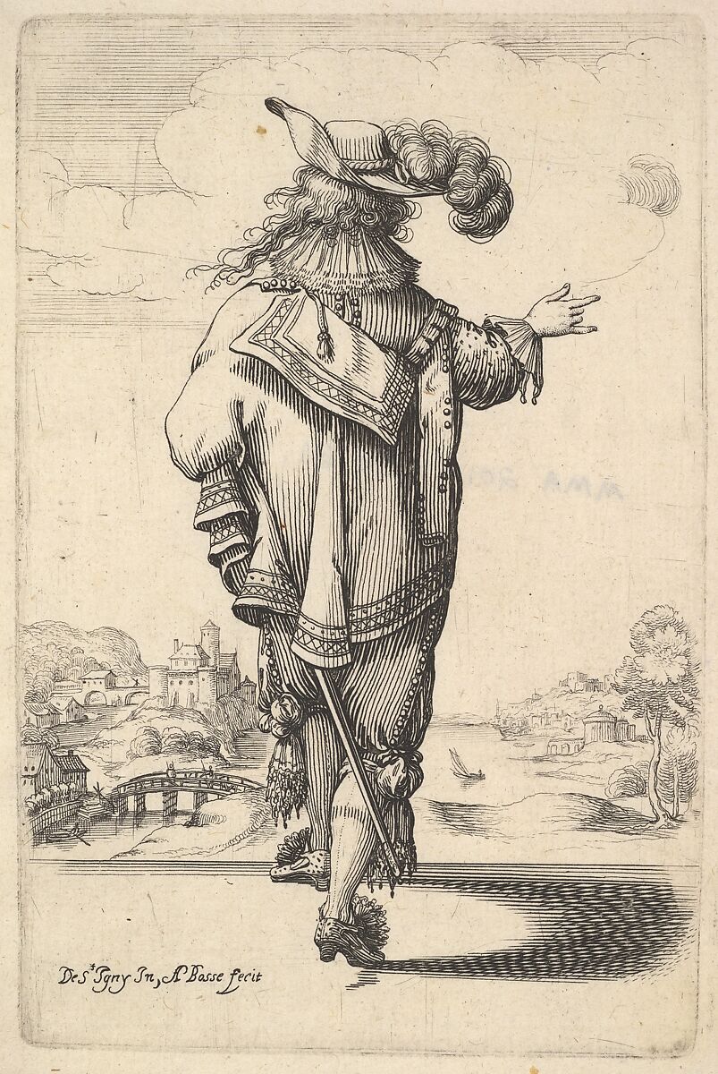 A gentleman wearing a plumed hat and carrying a sword, seen from behind, his right arm outstrestched, a landscape in the background with houses and a tower, from "The Garden of the French Nobles In Which One Can Pick Up Their Way of Dressing", Abraham Bosse (French, Tours 1602/04–1676 Paris), Etching; first state of two 