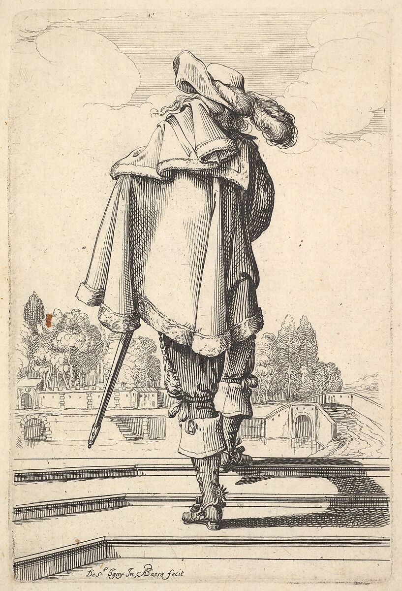 A gentleman, seen from behind, walking up a parapet, with a cloak over his left shoulder, wearing a plumed hat and boots with spurs, from "The Garden of the French Nobles In Which One Can Pick Up Their Way of Dressing", Abraham Bosse (French, Tours 1602/04–1676 Paris), Etching; first state of two 