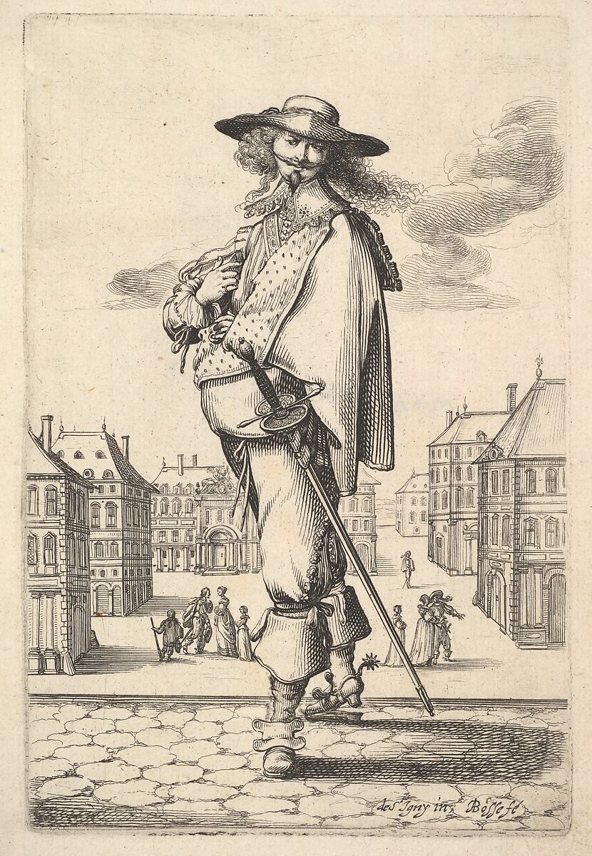 A gentleman, turned three-quarters to the left, wearing a hat and boots with spurs, carrying a sword in his belt, a town square in the background, from "The Garden of the French Nobles In Which One Can Pick Up Their Way of Dressing", Abraham Bosse (French, Tours 1602/04–1676 Paris), Etching; first state of two 