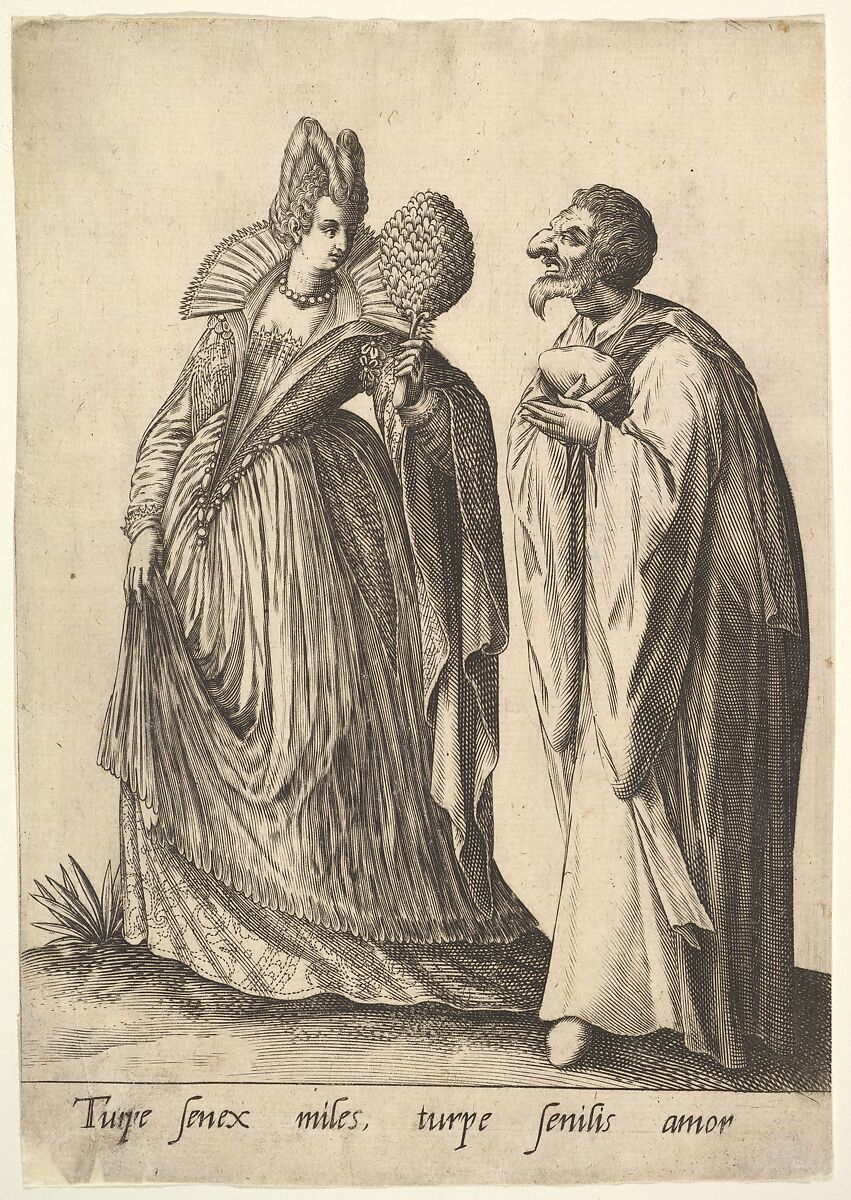 An Aged Soldier and An Aged Lover Are Sad Sights, from "Mascarades", Robert Boissard (French, born Valence, ca. 1591), Engraving 