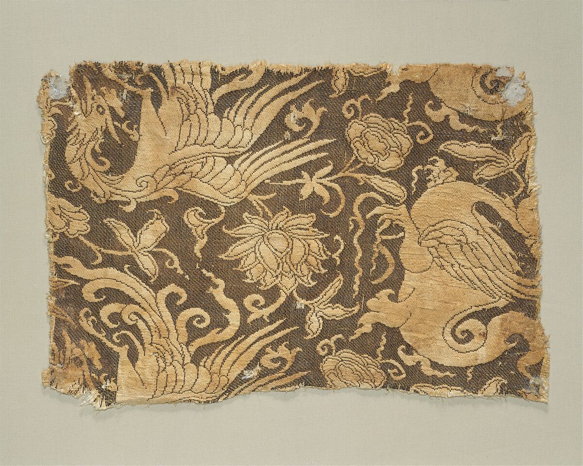 Textile with Phoenix, Winged Animal and Flowers, Silk and metal thread lampas, Central Asia