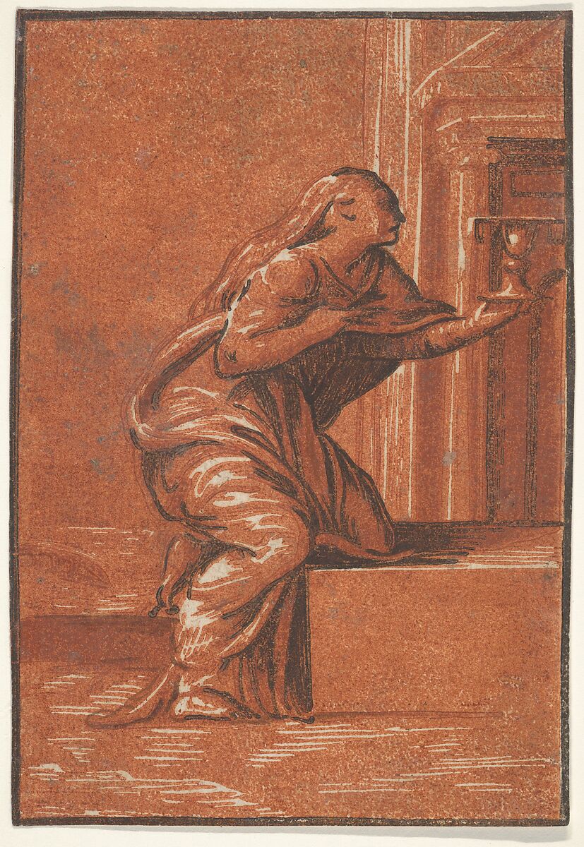 Female personification of Faith who kneels raising a chalice in her left hand, after Parmigianino, Anonymous, Italian, 16th century, Chiaroscuro woodcut from three blocks in red 