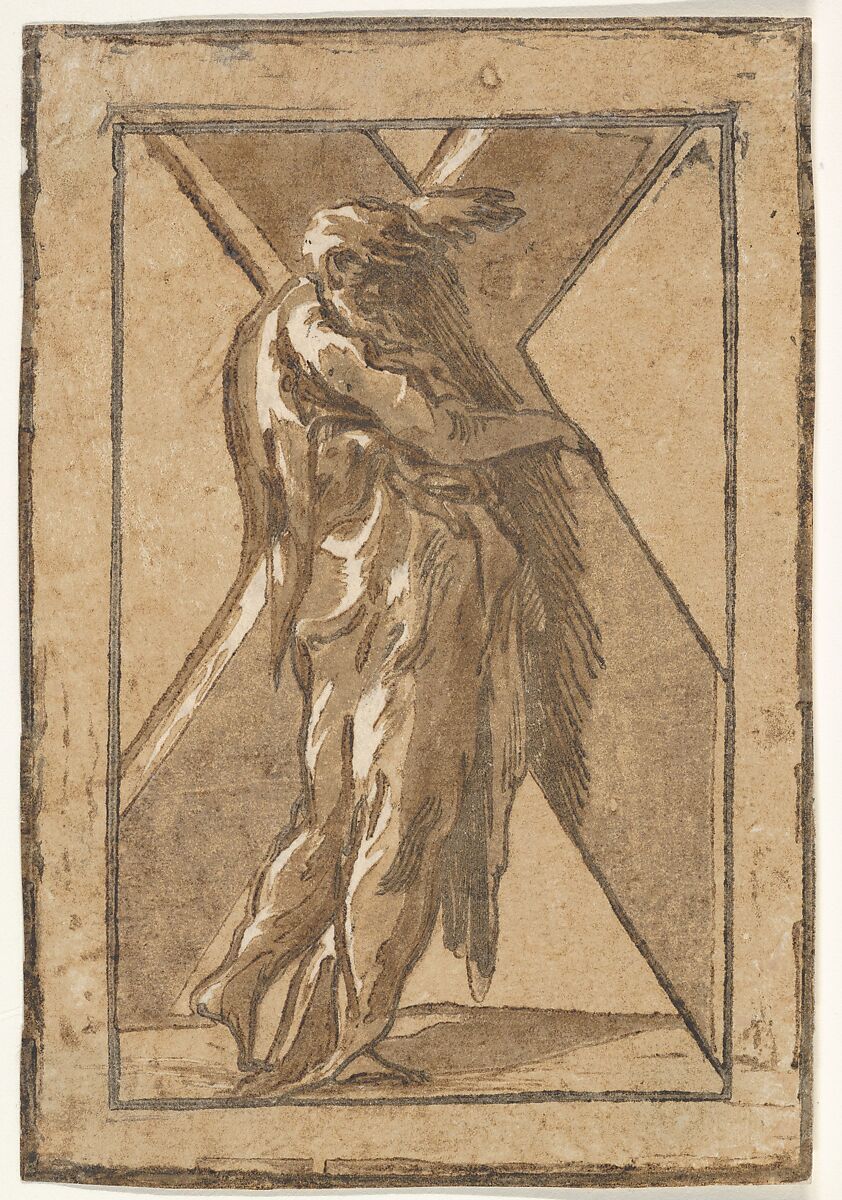 Saint Andrew standing in profile holding a large cross, from "Twelve Apostles", Attributed to Antonio da Trento (Italian, Trento 1520–1550 Bologna), Chiaroscuro woodcut from two blocks in brown 