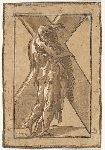 Saint Andrew standing in profile holding a large cross from a series of 'Twelve Apostles'