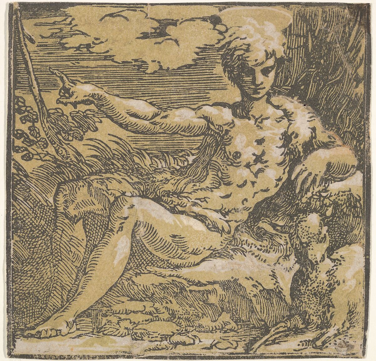 Saint John the Baptist in the desert, a lamb by his side, Antonio da Trento (Italian, Trento 1520–1550 Bologna), Chiaroscuro woodcut from two block in green, thrid state of three 