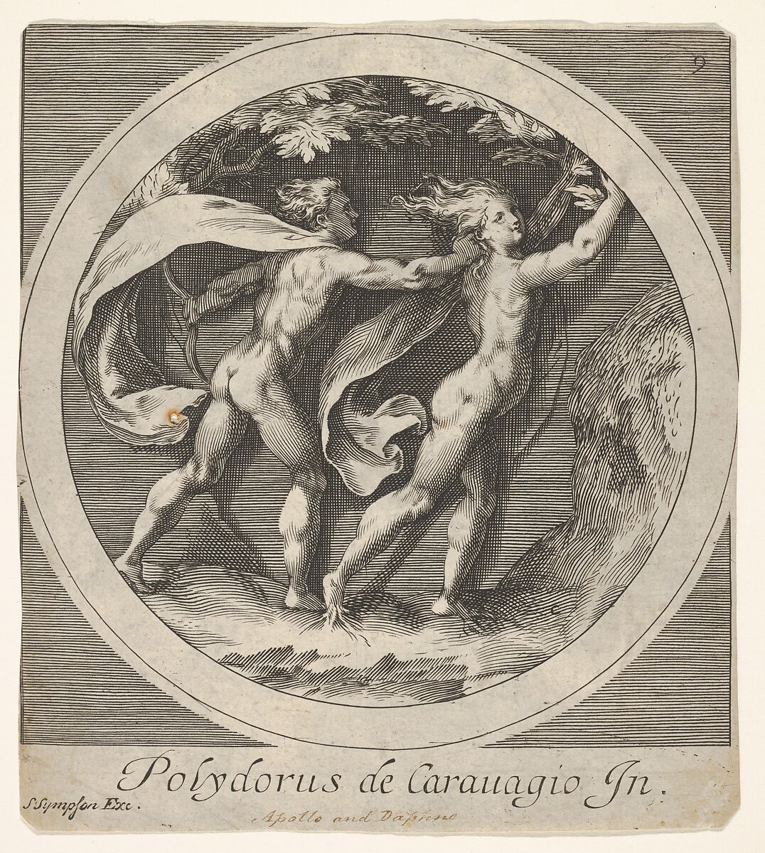 Apollo pursuing Daphne, whose toes take the form of tree roots, a round composition, reverse copy after a series of engravings by Cherubino Alberti of mythological scenes after Polidoro da Caravaggio, Anonymous, Engraving 