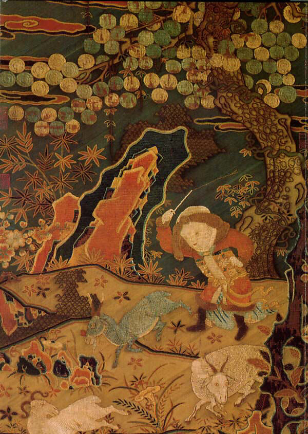 Welcoming spring, Unidentified artist Chinese, 14th–15th century, Silk embroidery on simple gauze silk, China