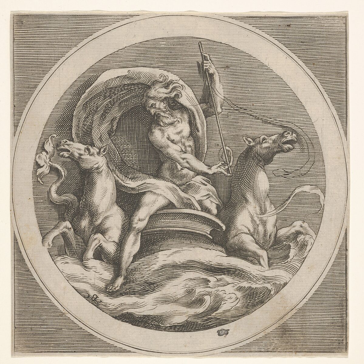 Neptune rising from the sea and bearing a staff, accompanied by two horse-headed sea creatures, reverse copy after a series of engravings by Cherubino Alberti of mythological scenes after Polidoro da Caravaggio, Anonymous, Engraving 