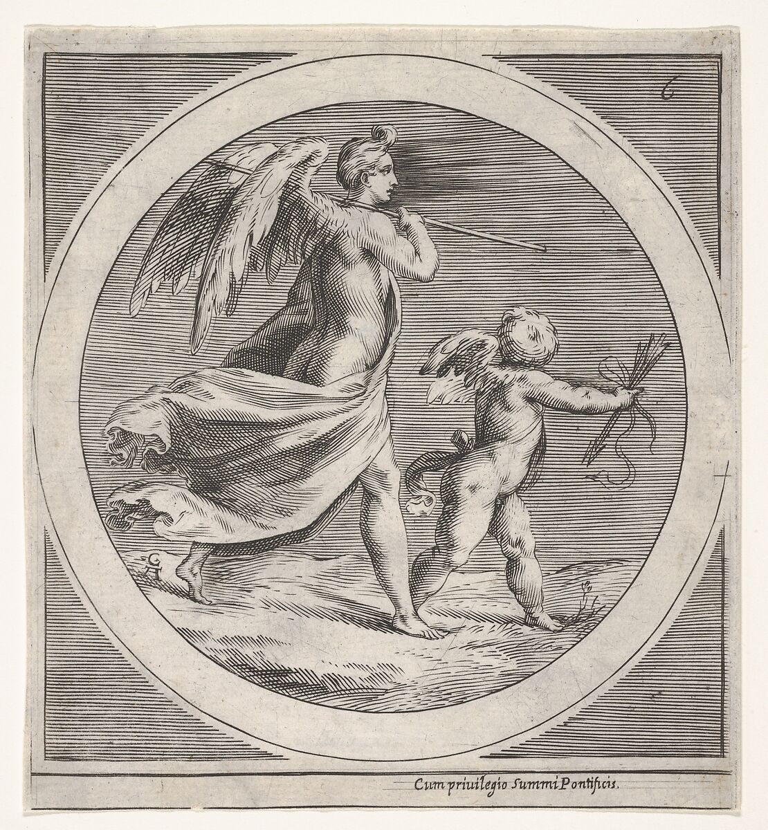 Winged female figure, draped and carrying a staff, striding behind a winged putto, who twists to look over his left shoulder, a round composition, Anonymous, Engraving 