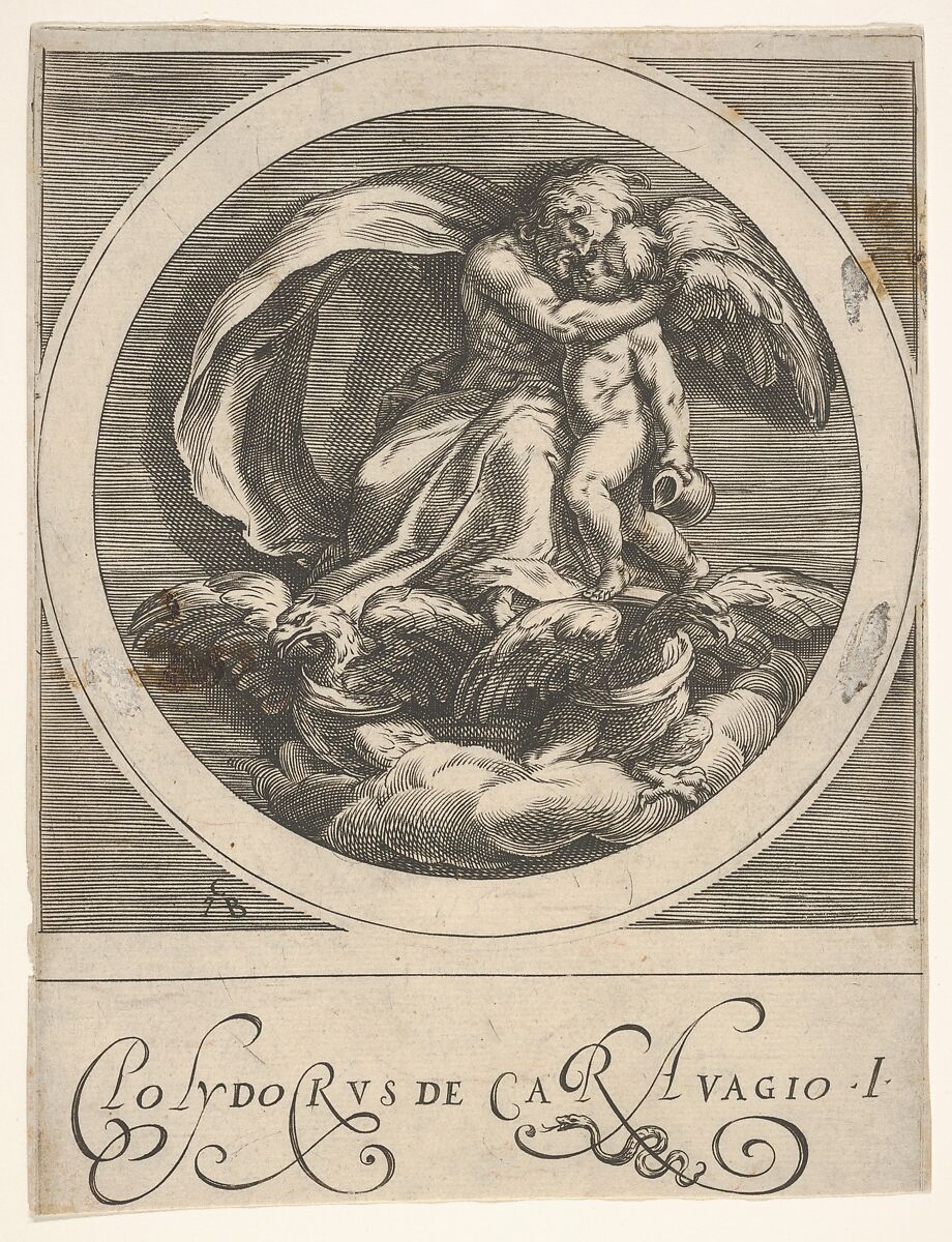 Jupiter, seated above two eagles and embracing Cupid, a round composition from a series of mythological scenes after Polidoro da Caravaggio, Cherubino Alberti (Zaccaria Mattia) (Italian, Borgo Sansepolcro 1553–1615 Rome), Engraving 