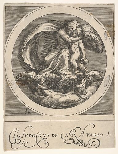 Jupiter, seated above two eagles and embracing Cupid, a round composition from a series of mythological scenes after Polidoro da Caravaggio