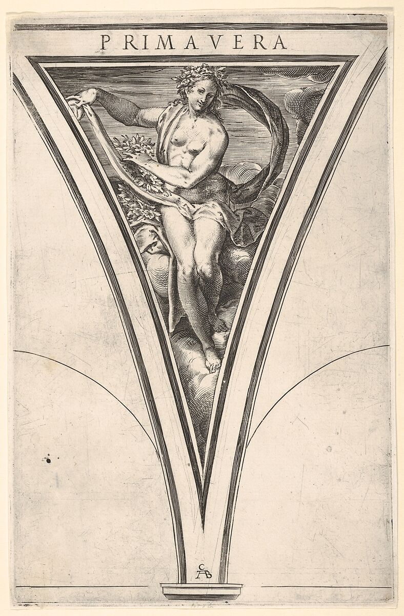 Spring (Primavera) represented as a woman bearing a billowing drape and garlands, a spandrel-shaped composition from "The Four Seasons", Cherubino Alberti (Zaccaria Mattia) (Italian, Borgo Sansepolcro 1553–1615 Rome), Engraving 