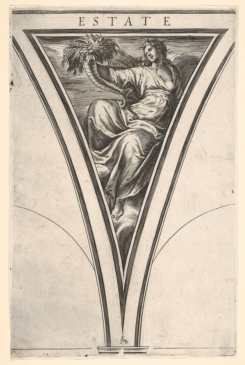 Summer (Estate), represented as a robed woman bearing a horn of plenty, a spandrel-shaped composition from "The Four Seasons", Cherubino Alberti (Zaccaria Mattia) (Italian, Borgo Sansepolcro 1553–1615 Rome), Engraving 