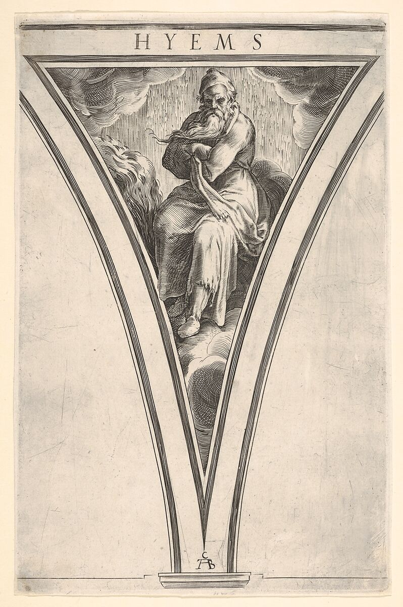 Winter (Hyems), represented as a seated man crossing his arms across his chest, a spandrel-shaped composition from "The Four Seasons", Cherubino Alberti (Zaccaria Mattia) (Italian, Borgo Sansepolcro 1553–1615 Rome), Engraving 