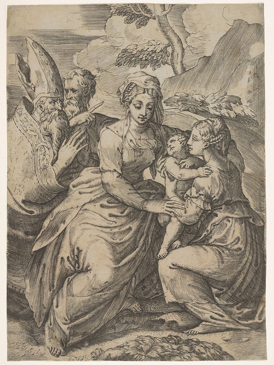 Madonna and Child with Saints (after Parmigianino), Battista Angolo del Moro (Italian, Verona ca. 1515–ca. 1573 Murano), Engraving 