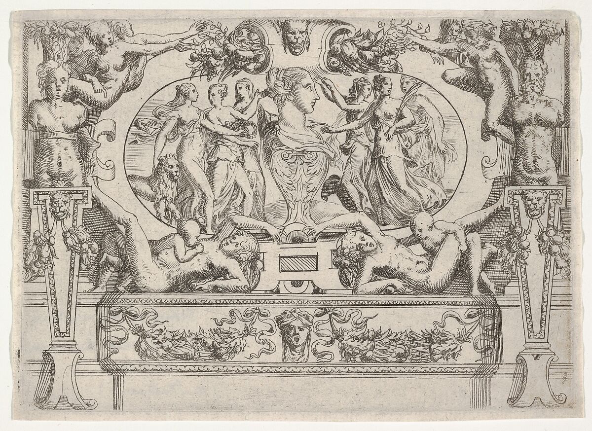 Bust of a woman flanked by three women on each side, set within an elaborate frame, Battista Angolo del Moro (Italian, Verona ca. 1515–ca. 1573 Murano), Etching 