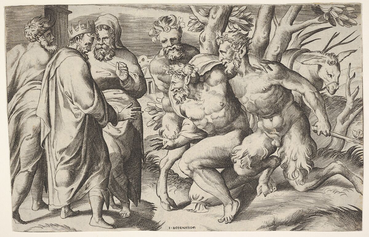 Two satyrs leading Silenus to King Midas, who stands at left with two male attendants, a mule trails behind the satyrs, Giulio Bonasone (Italian, active Rome and Bologna, 1531–after 1576), Engraving 
