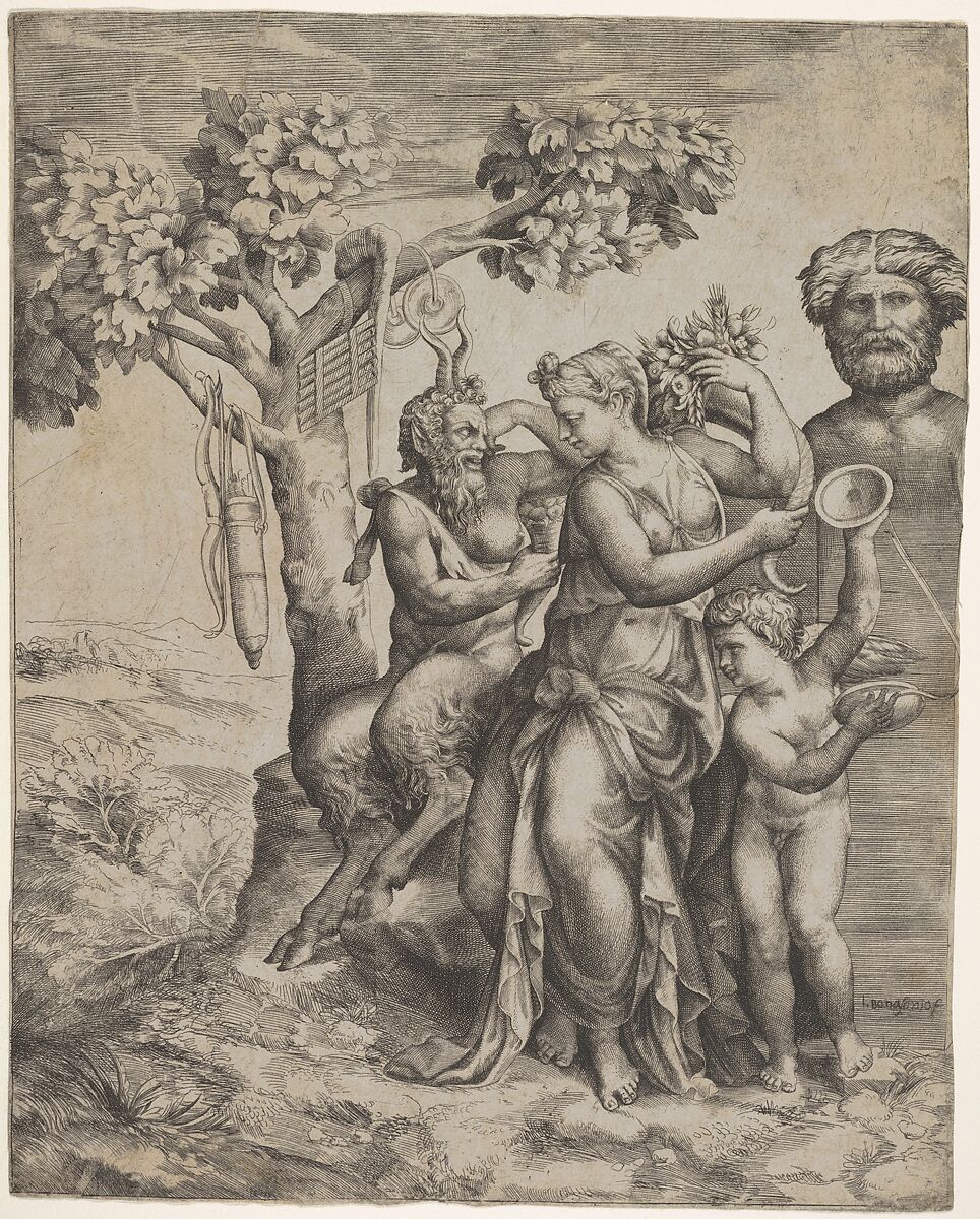 Pan seated near a female figure holding a cornucopia (a nymph or Pomona), at right cupid plays cymbals in front of a herm, at left a pipe, cymbals, bow, and satchel of arrows hang from a tree, Giulio Bonasone (Italian, active Rome and Bologna, 1531–after 1576), Etching and Engraving 