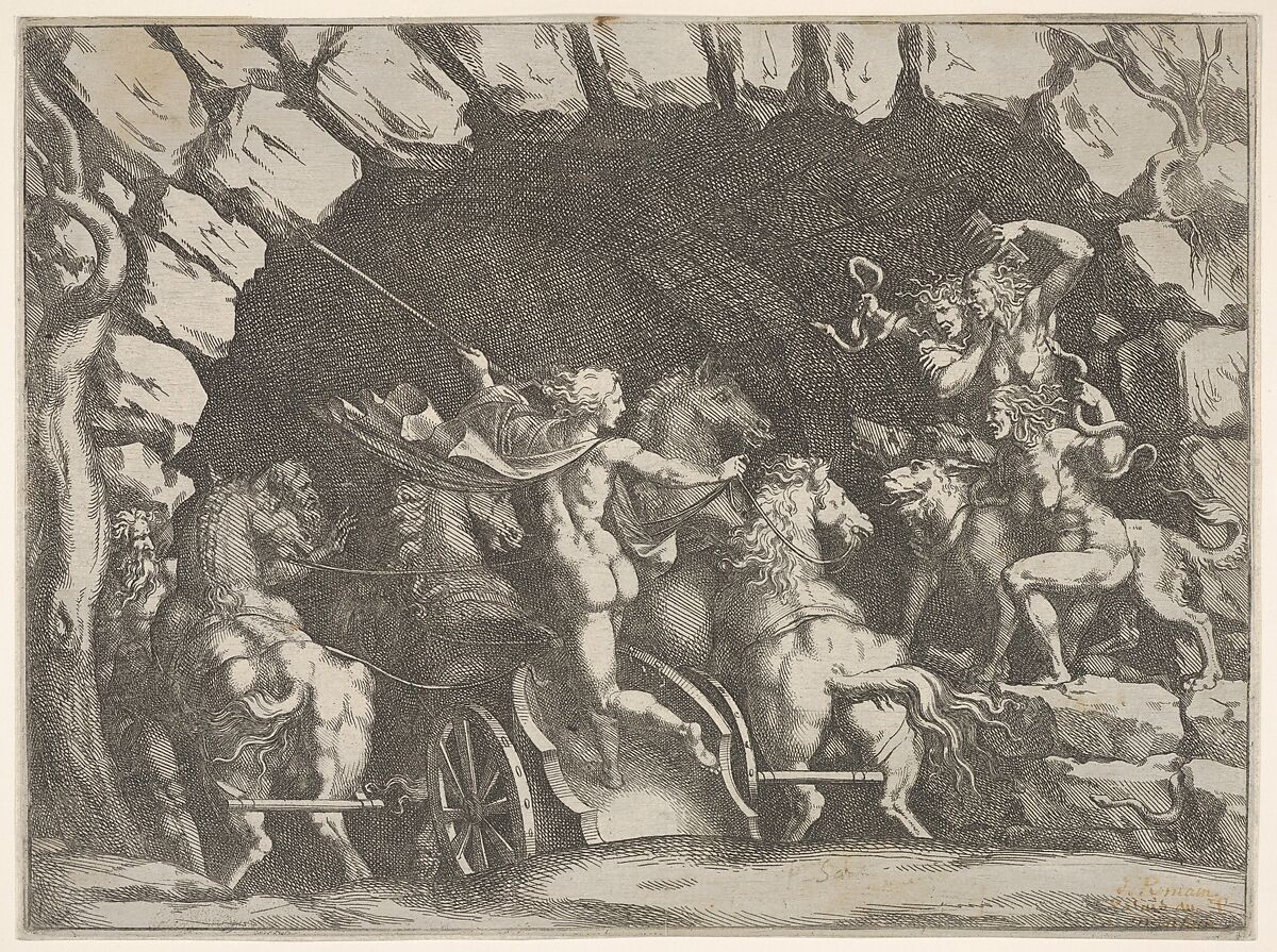 Pluto, seen from behind, entering the Underwold on his chairot, Cereberus and three Furies to right, from "Giove che fulmina li giganti", after the frescoes on the ceiling of the Sala dei Giganti designed by Giulio Romano for the Palazzo del Te, Mantua, Pietro Santi Bartoli (Italian, Perugia 1615–1700 Rome), Etching 