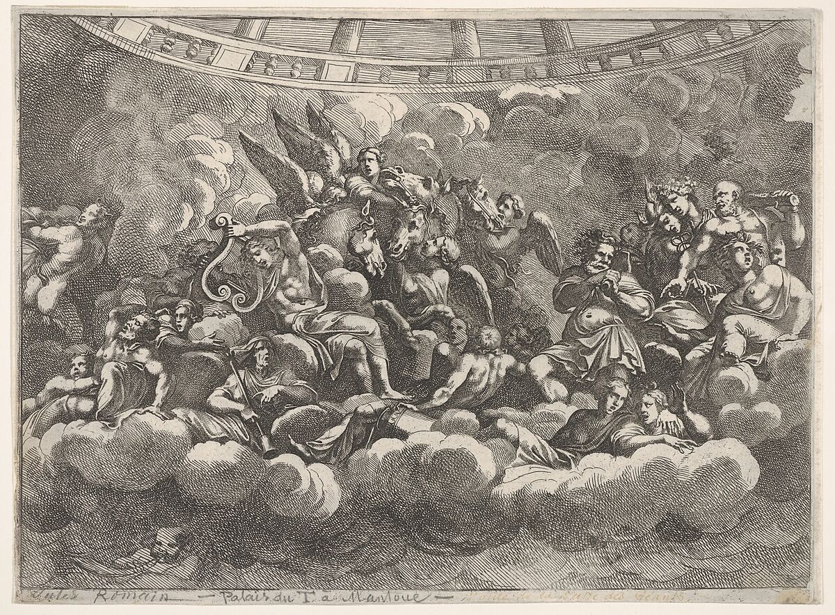 Gathering of various Olympian gods and mythological figures among clouds, Apollo at center with his lyre, Vulcan, Mercury, Hercules, and Hermes to right, various figures below, horses and attendants behind in center, from "Giove che fulmina li giganti", after the frescoes on the ceiling of the Sala dei Giganti designed by Giulio Romano for the Palazzo del Te, Mantua, Pietro Santi Bartoli (Italian, Perugia 1615–1700 Rome), Etching 