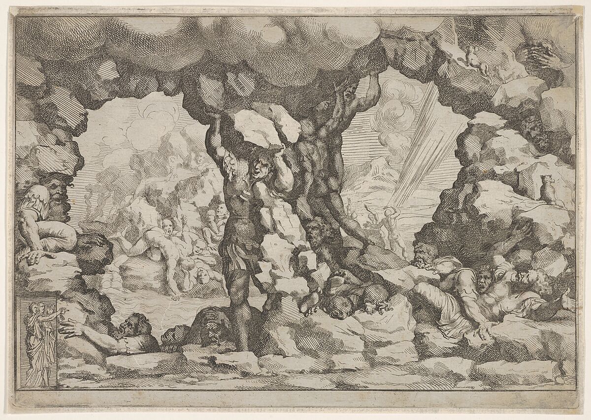 A giant heaving a boulder at center, other giants to left and right struggling and recoiling against impending boulders, nude figures climbing rocks and struggling in the background, from "Giove che fulmina li giganti", after the frescoes on the ceiling of the Sala dei Giganti designed by Giulio Romano for the Palazzo del Te, Mantua, Pietro Santi Bartoli (Italian, Perugia 1615–1700 Rome), Etching 