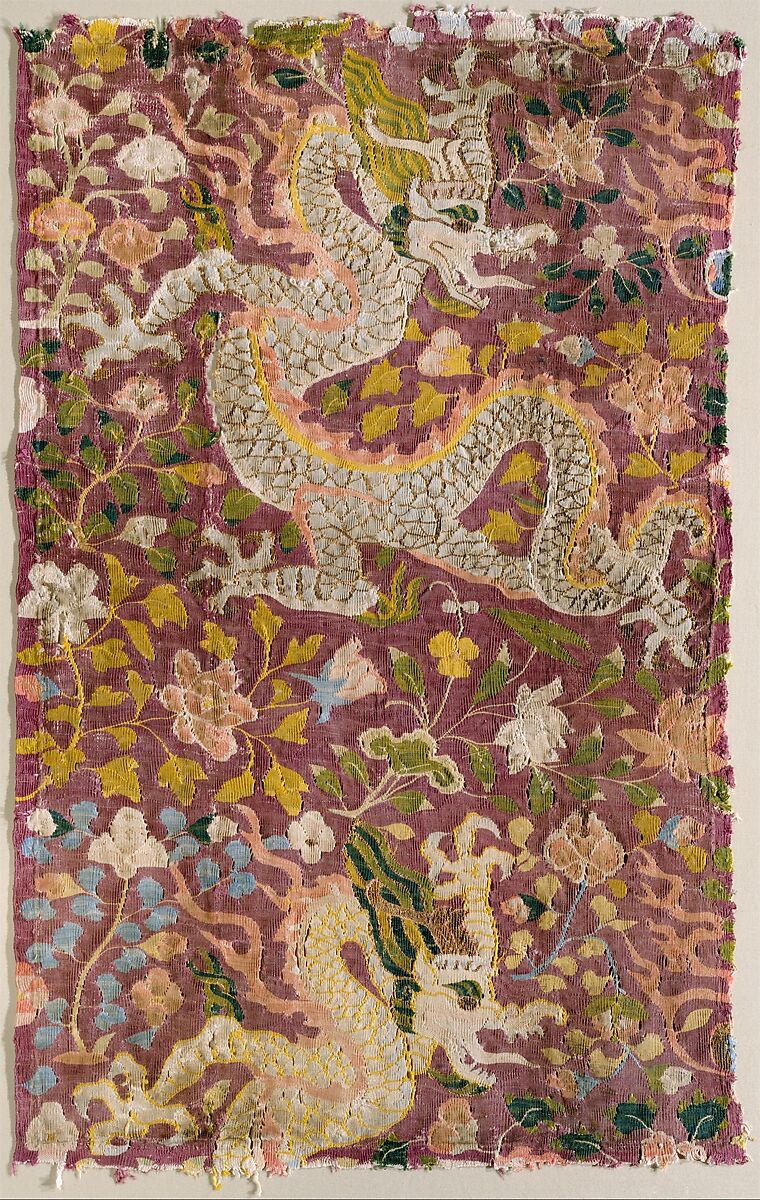 Tapestry with Dragons and Flowers, Silk tapestry, Eastern Central Asia