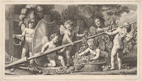 Six putti playing with the arms of Mars, four holding onto a large lance, one on the left wearing a helmet and a sword belt, holding a shield upright, and one placing a garland of flowers and leaves in a basket at right