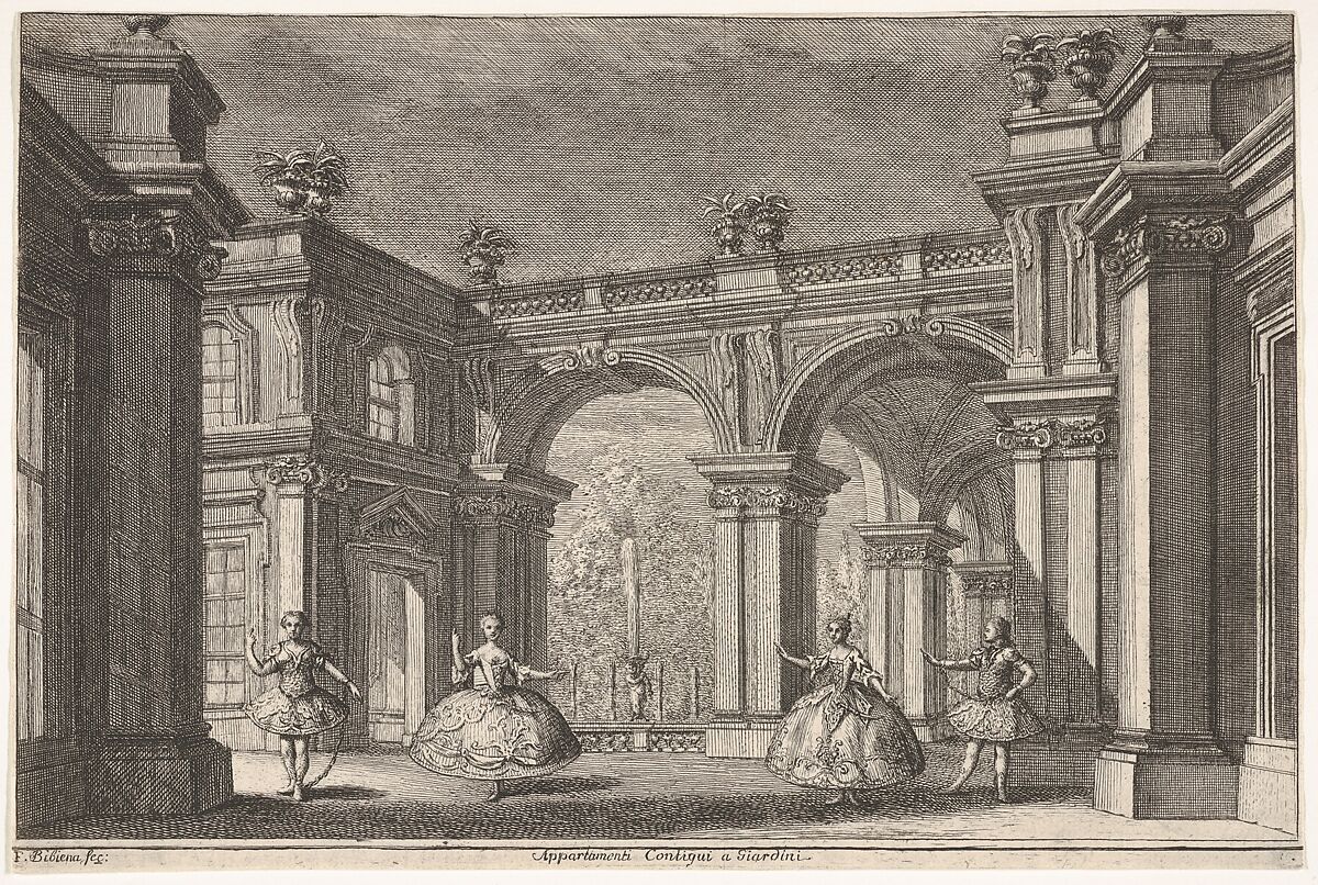 Two ladies and two gentlemen dancing within an ornate architectural setting, a fountain at center in the background, a scene from "Talestri, Regina delle Amazzoni", Francesco Galli Bibiena (Italian, Bologna 1659–1739 Bologna), Engraving 
