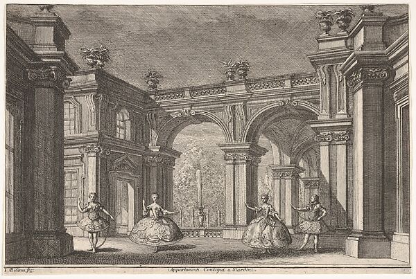 Two ladies and two gentlemen dancing within an ornate architectural setting, a fountain at center in the background, a scene from 