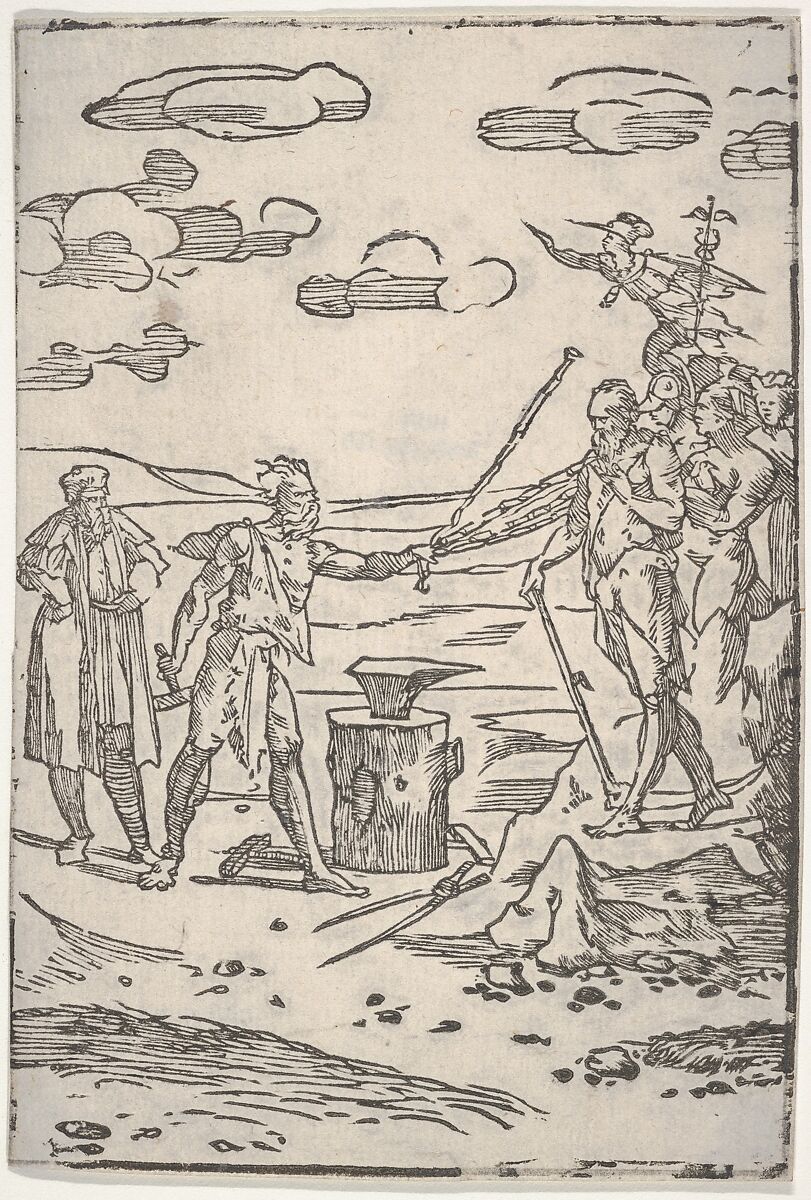 The forger standing by an anvil pulling a man in chains, from "The various operations of alchemy", Domenico Beccafumi (Italian, Cortine in Valdibiana Montaperti 1484–1551 Siena), Woodcut 