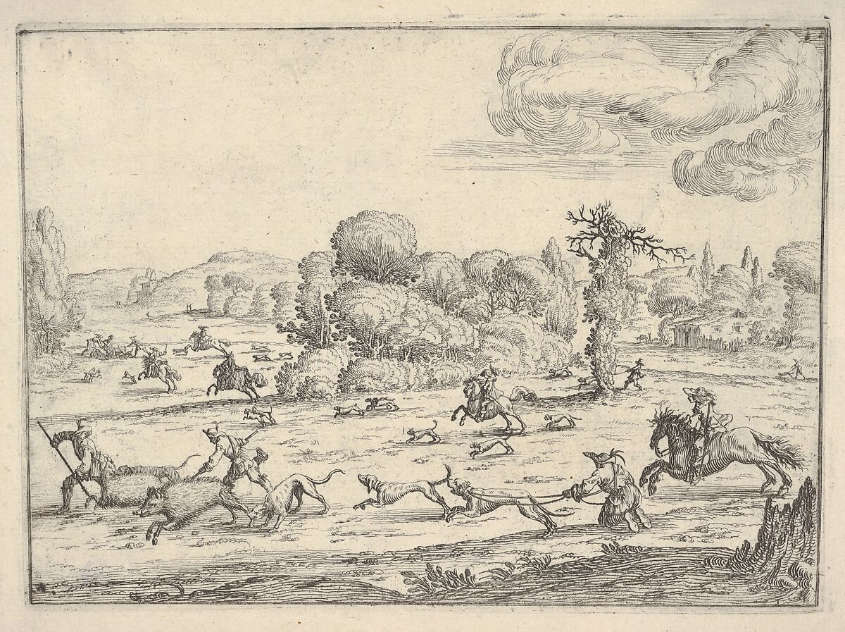 Boar hunt in a landscape, Ercole Bazicaluva (Italian, born Pisa (?), ca. 1600, active Florence ca. 1638), Etching 