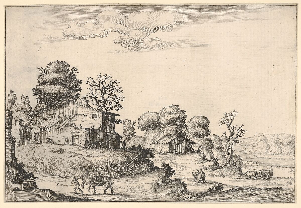 Landscape with peasant dwellings and a man leading a horse in the left foreground, from a series of landscapes dedicated to the Grand Duke of Tuscany, Ercole Bazicaluva (Italian, born Pisa (?), ca. 1600, active Florence ca. 1638), Etching 