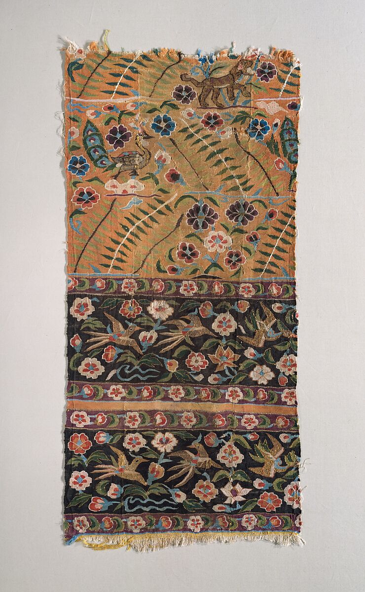Kesi Panel with Tiger and Birds on Floral Ground, Silk, parchment-gold wrapped silk, Eastern China