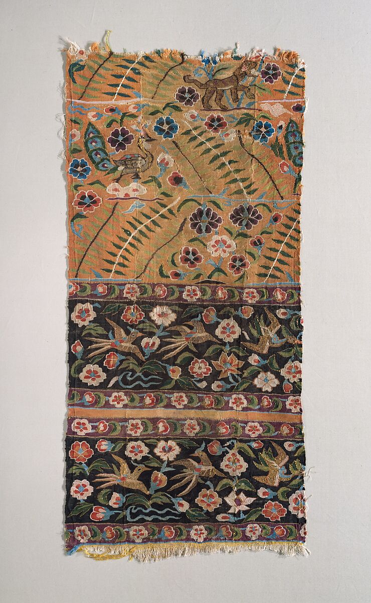 Kesi Panel with Tiger and Birds on Floral Ground, Silk, parchment-gold wrapped silk, Eastern China 