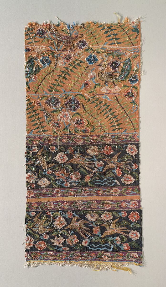 Panel with Tiger and Birds on Floral Ground, Silk and metal thread tapestry (kesi), Eastern Central Asia