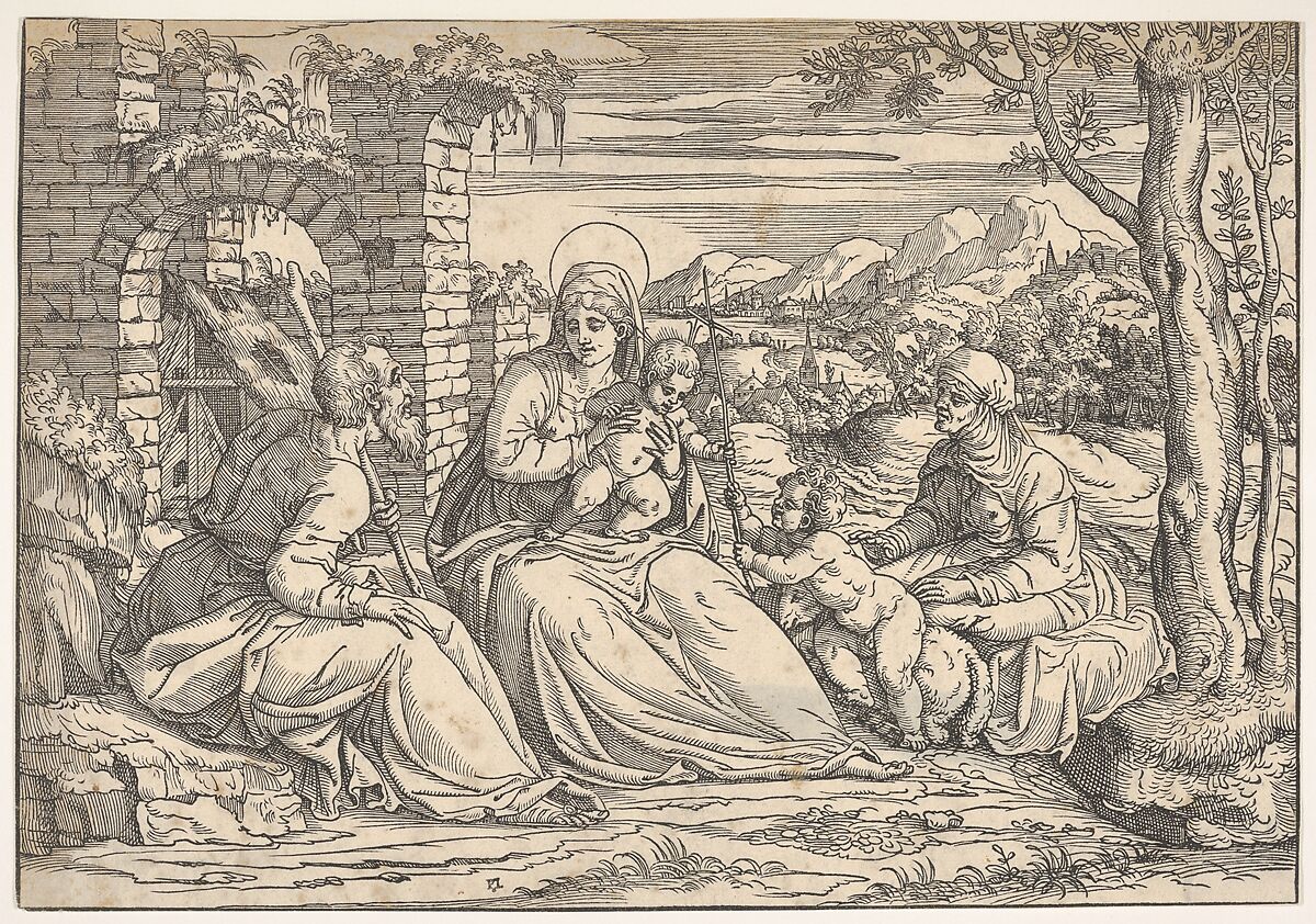 The Holy Family with saints Elizabeth and John, Attributed to Nicolò Boldrini (Italian, Vicenza ca. 1500–after 1566 Venice), Woodcut 