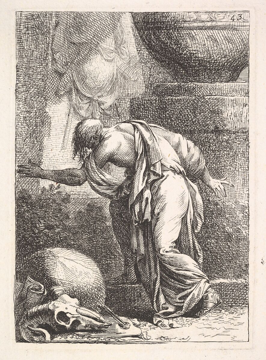 A young man, seen from behind and ascending a step towards the left, a cloak draped over his right shoulder and his left arm outstretched, a ram skull at bottom left, Benigno Bossi (Italian, 1727–1792), Etching and engraving 