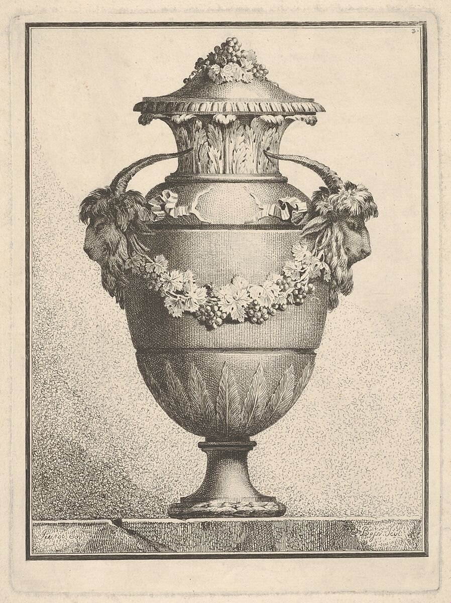 Design for a covered vase with two goat heads and a garland, Benigno Bossi (Italian, 1727–1792), Etching 