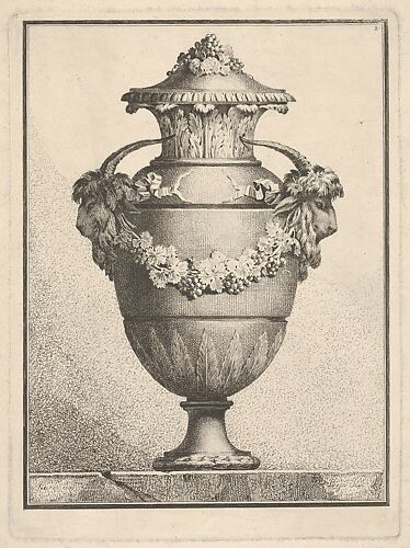 Design for a covered vase with two goat heads and a garland
