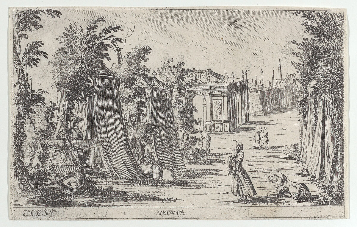 View with a man in a turban and a lion standing at right, tents and classical architecture in the background, Carlo Antonio Buffagnotti (Italian, Bologna 1660–after 1710 Ferrara), Etching