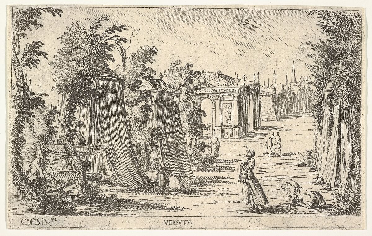 View with a man in a turban and a lion standing at right, tents and classical architecture in the background, Carlo Antonio Buffagnotti (Italian, Bologna 1660–after 1710 Ferrara), Etching 
