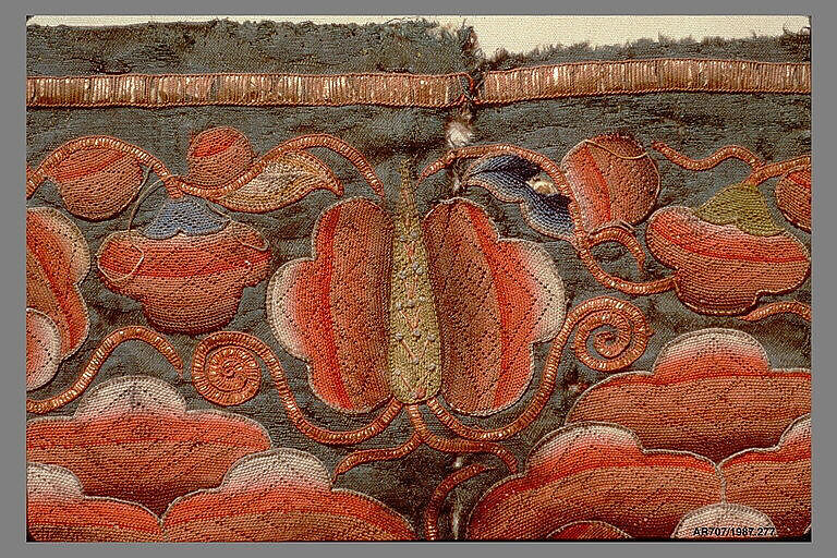 Panel with Peonies and Butterfly, Silk needle-loop embroidery over gilt metal strips on silk satin damask, China