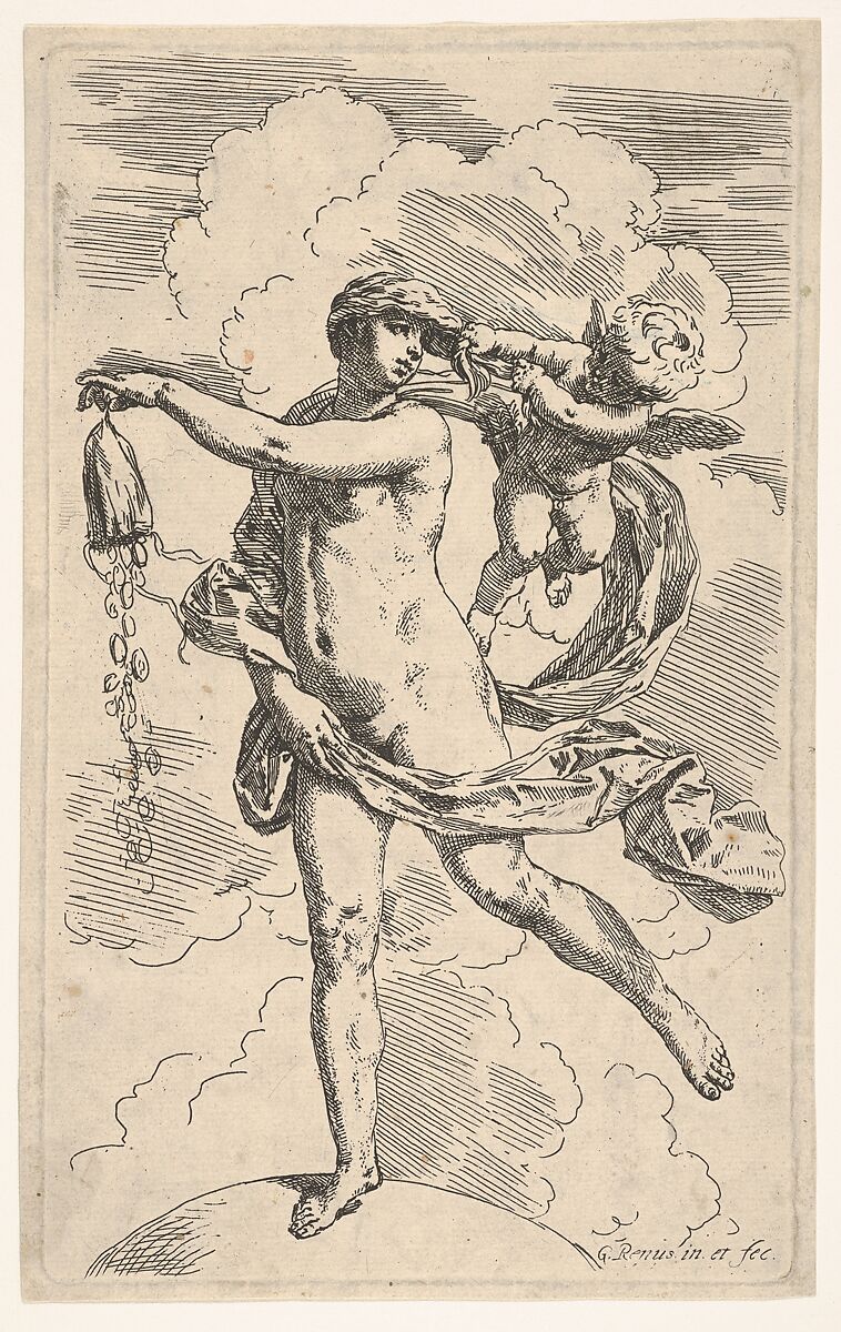 Fortune standing with one foot on a globe and emptying a purse of coins, Simone Cantarini (Italian, Pesaro 1612–1648 Verona), Etching 