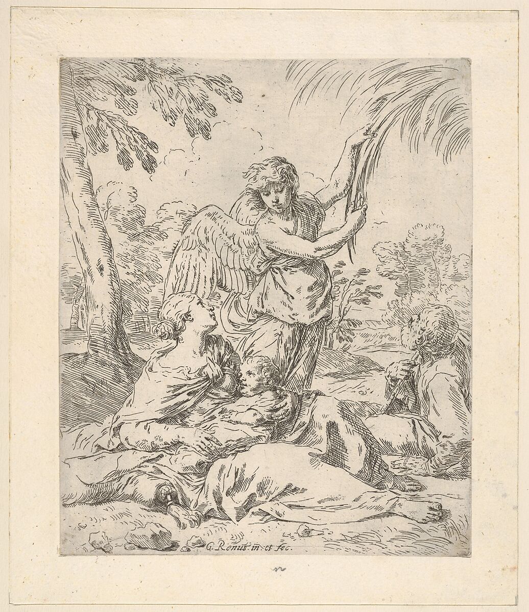 Repose in Egypt, Mary nursing the infant Christ while an angel pulls at tree branches, Simone Cantarini (Italian, Pesaro 1612–1648 Verona), Etching 