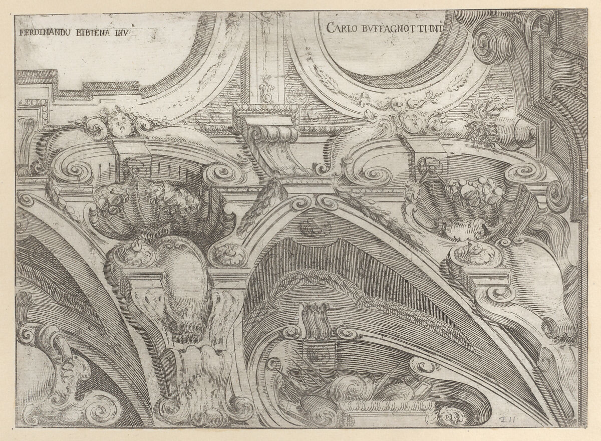 Architectural detail of an elaborate cornice, seen from below, Carlo Antonio Buffagnotti (Italian, Bologna 1660–after 1710 Ferrara), Etching